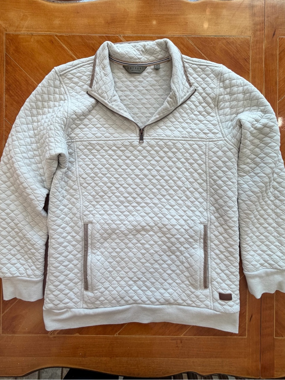 Quarter-Zip Quilted Pullover Sweatshirt in Light Beige